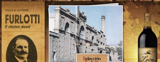 Collage histórico de Furlotti con retrato antiguo, antigua bodega, etiquetas originales y botella