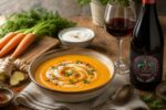 Creamy carrot, ginger and coconut soup served with a glass of red wine and a bottle of Familia Furlotti Garnacha on a rustic wooden table.