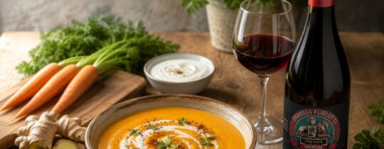 Creamy carrot, ginger and coconut soup served with a glass of red wine and a bottle of Familia Furlotti Garnacha on a rustic wooden table.