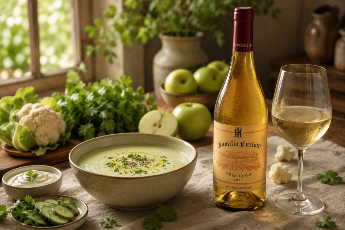 Cauliflower soup served with a bottle of Familia Furlotti Semillón and a glass of white wine on an outdoor table.