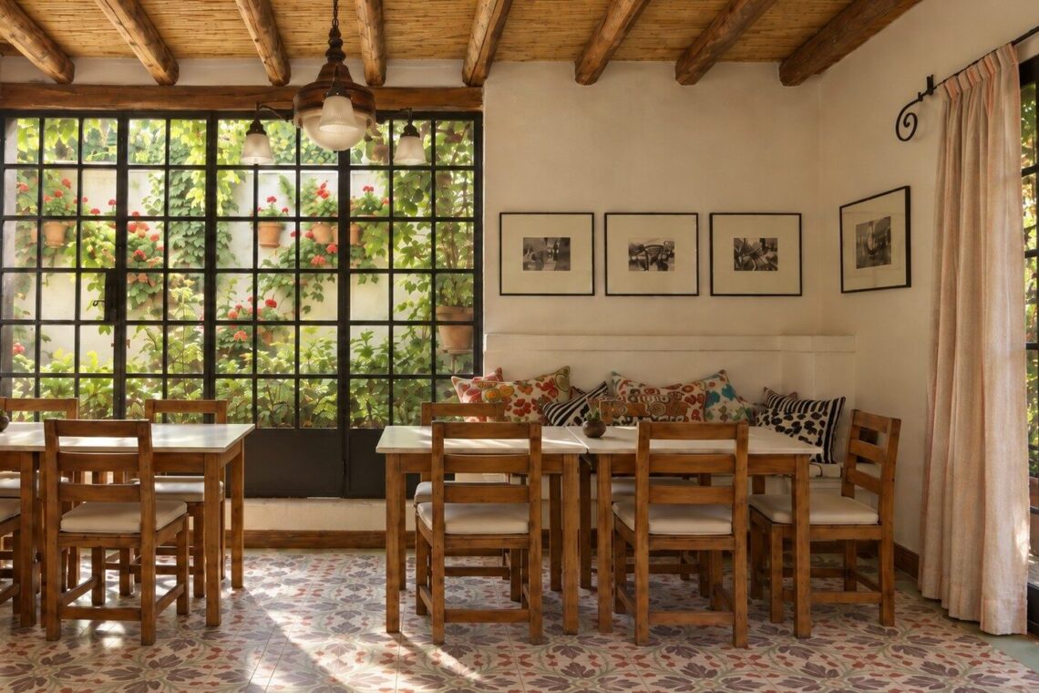 Comedor de Finca Adalgisa con techo de caña, piso de mosaicos y almohadones de distintos estampados