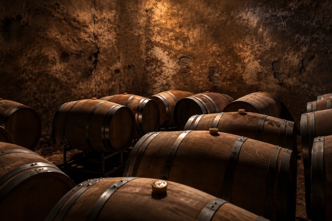 Oak barrels in the Bodega Furlotti cellar, with a shaft of light falling on the wall of an old concrete wine vat