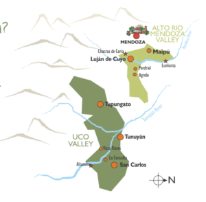 Mapa de las principales regiones vitivinícolas de Mendoza, incluyendo Luján de Cuyo y Valle de Uco 
