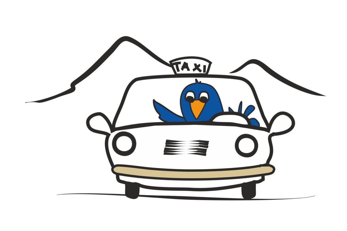 Ilustración de un pájaro azul conduciendo un taxi, con montañas de fondo, en estilo dibujo simple.
