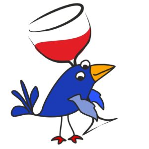Illustration of a blue bird holding a glass of red wine, in a simple drawing style.