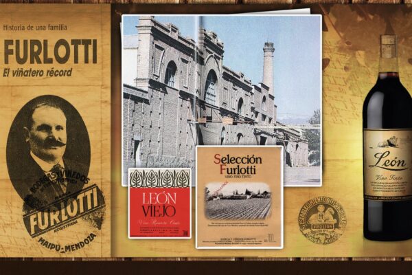 Collage histórico de Furlotti con retrato antiguo, antigua bodega, etiquetas originales y botella