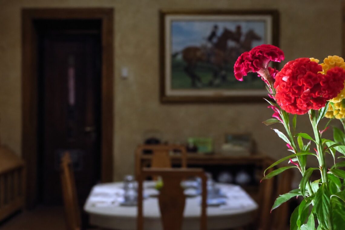 Flores rojas y amarillas en primer plano con el comedor de Finca Adalgisa desenfocado de fondo
