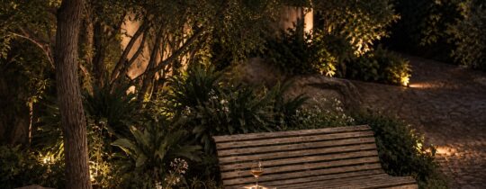 Banco de madera iluminado de noche en el jardín de Finca Adalgisa, con una copa de vino y un libro