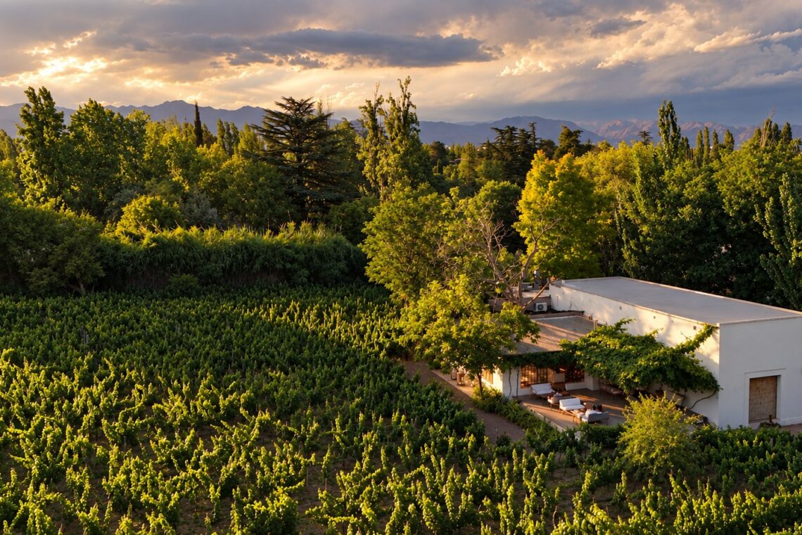 Vista aérea de la casa y el viñedo de Finca Adalgisa al atardecer